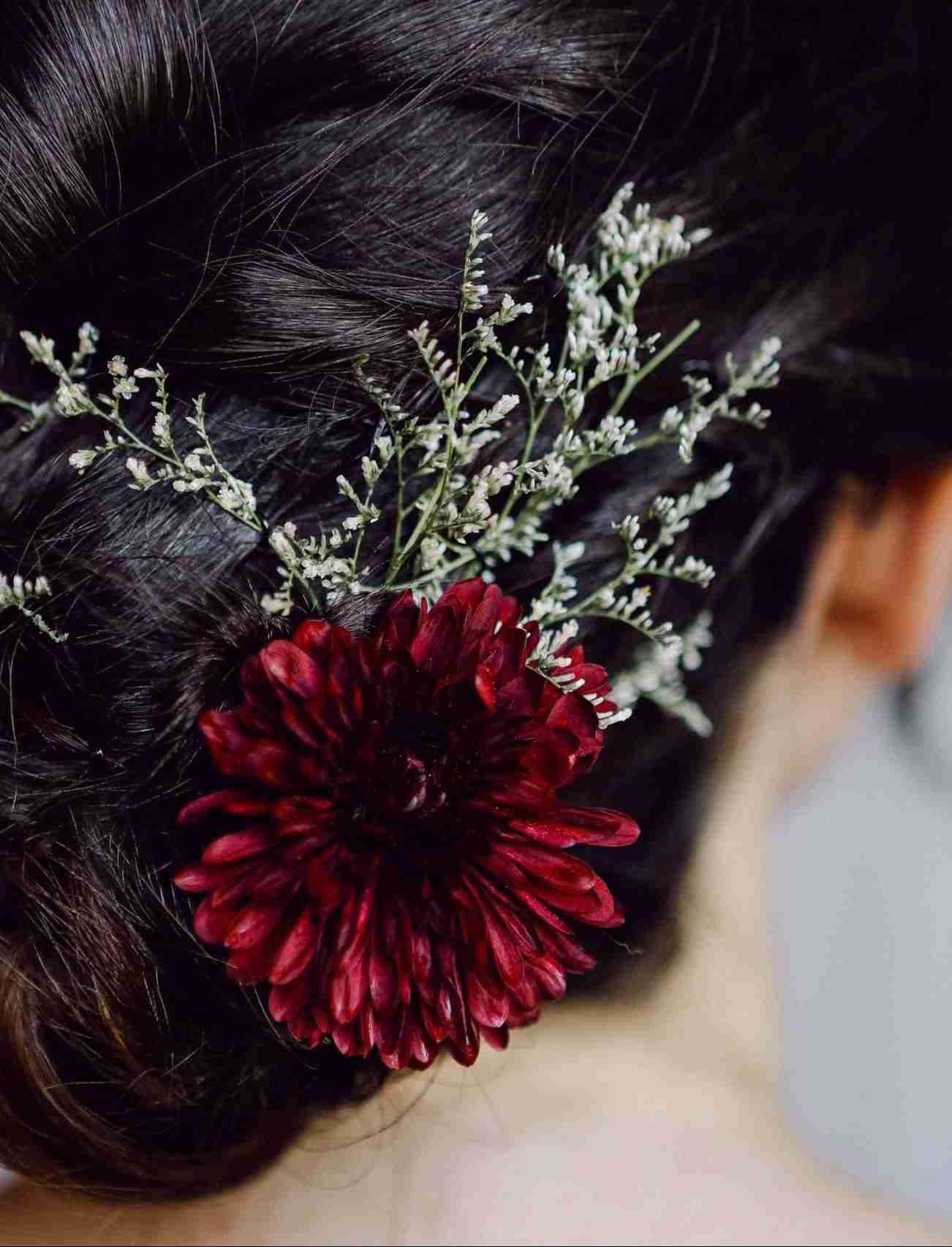 Bridal Hairstyle red flower Italy Wedding Fine Art Photographer
