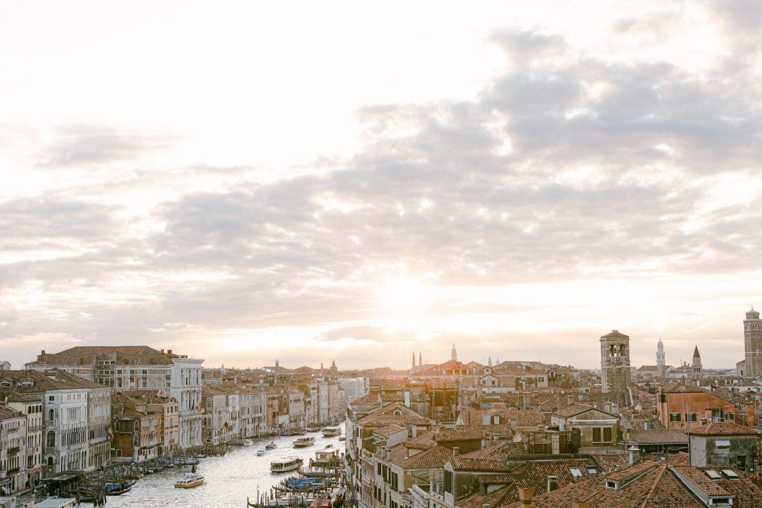 View from above on the Grand Canal and Rialto Sunset