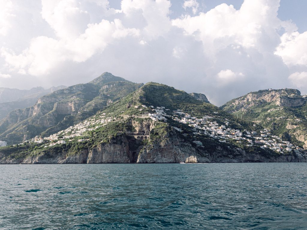The Amalfi coast as seen from the water of the Mediterranean sea
