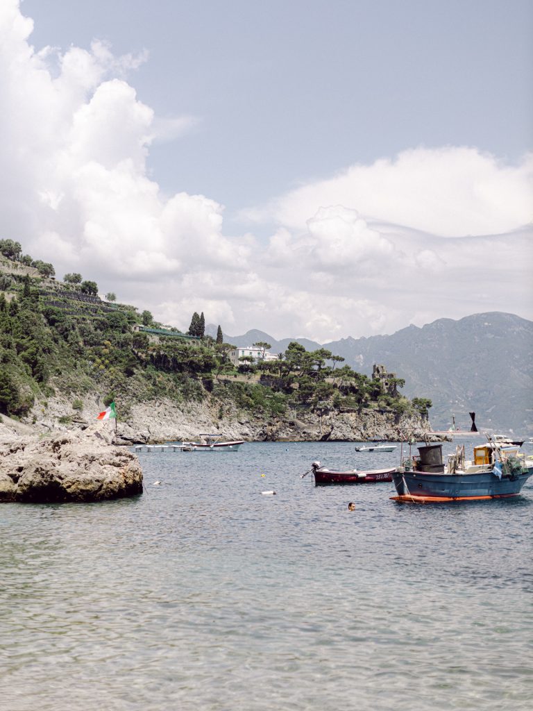 Sunny view of the Amalfi Coast cliffs and sea from La Tonnarella in Conca dei Marini