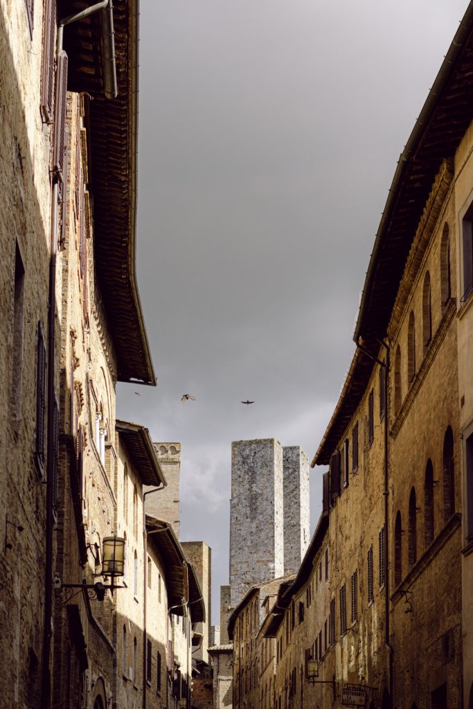 The medieval towers of San Gimignano in the rain, Tuscany